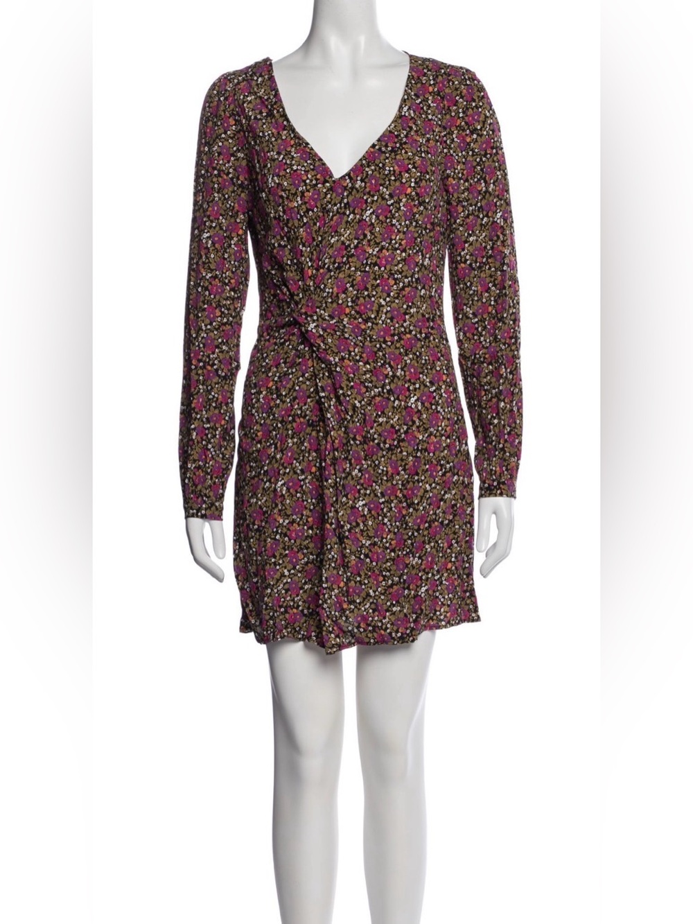 Sezane Pink Floral Long-Sleeve Wrap Mini Dress